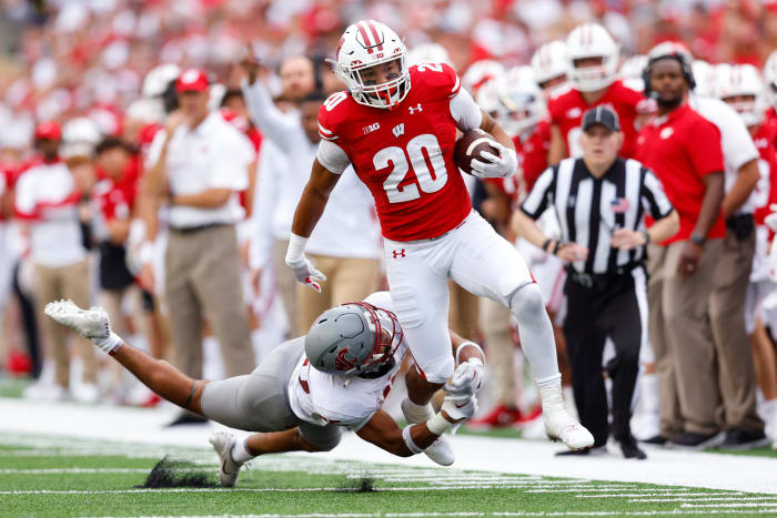 Wisconsin running back Isaac Guerendo running with the football down the sideline against Washington State.